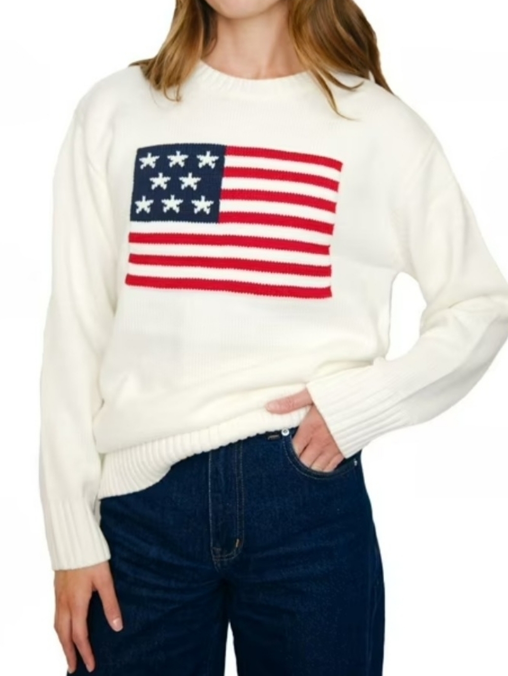 NWT Mighty Fine Womans Cream Knit Sweater with Flag Motif XS